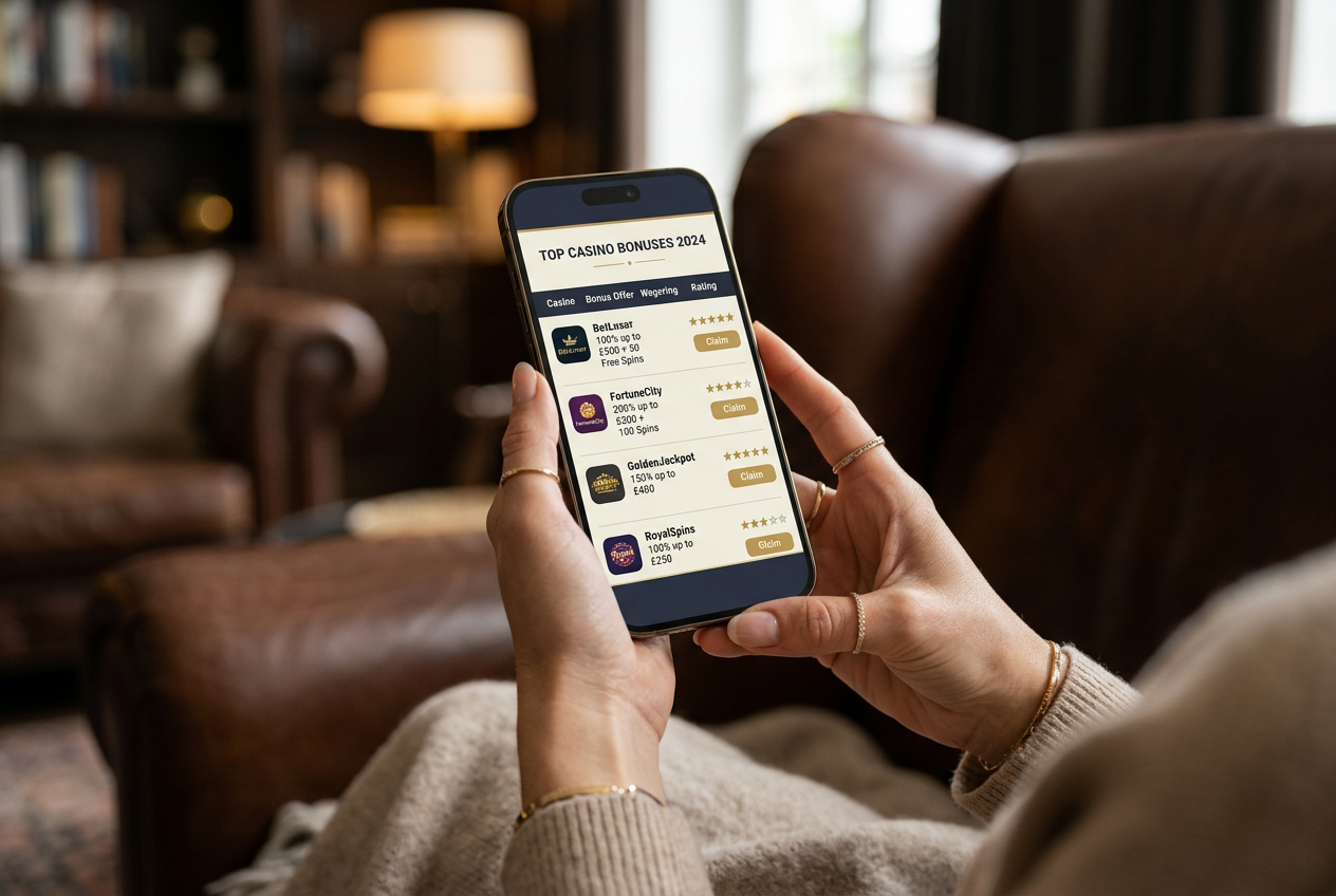 A person comparing casino bonus options on a smartphone in a luxury setting.