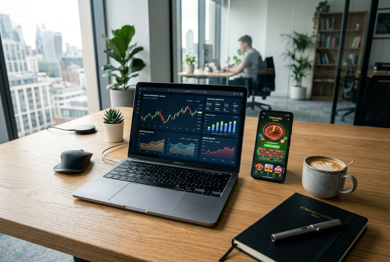 Audytor analizujący dane finansowe kasyna na ekranie laptopa i smartfona