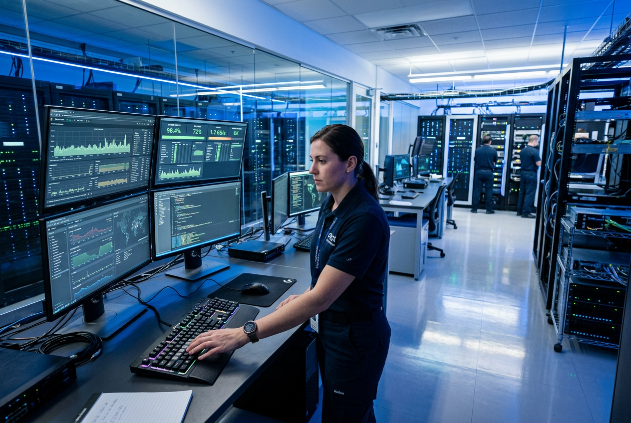 A high-tech laboratory setting where software performance is monitored on multiple screens