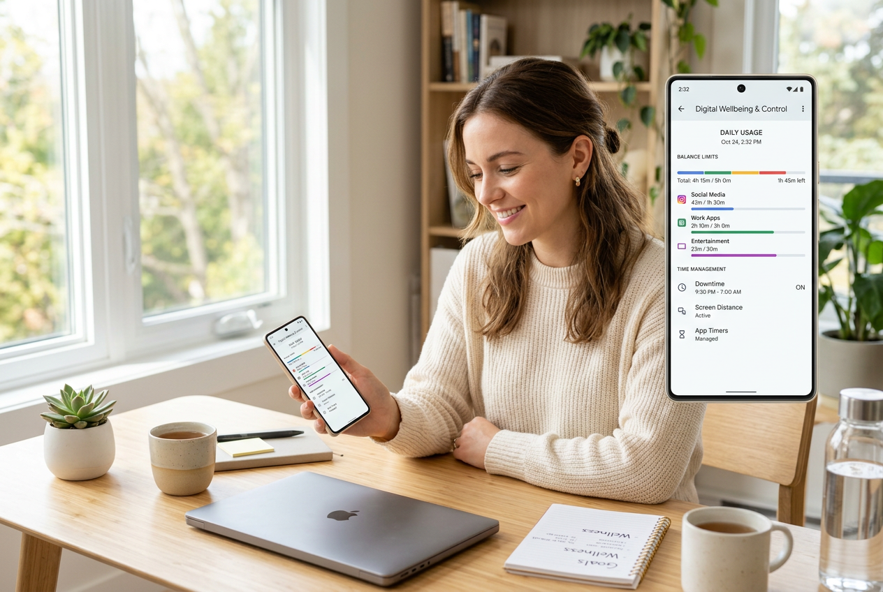 Person using a mobile app to manage digital time and financial limits