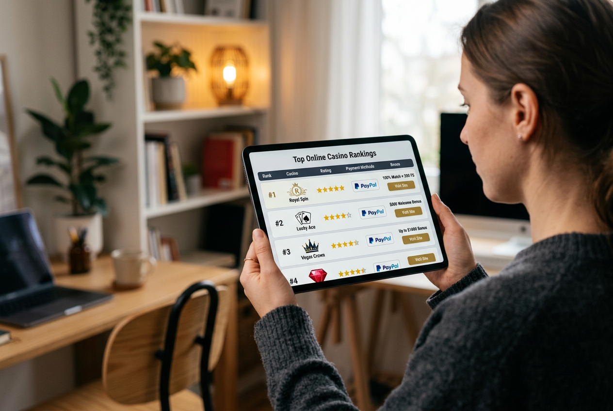 A digital tablet showing a comparison of online casinos.