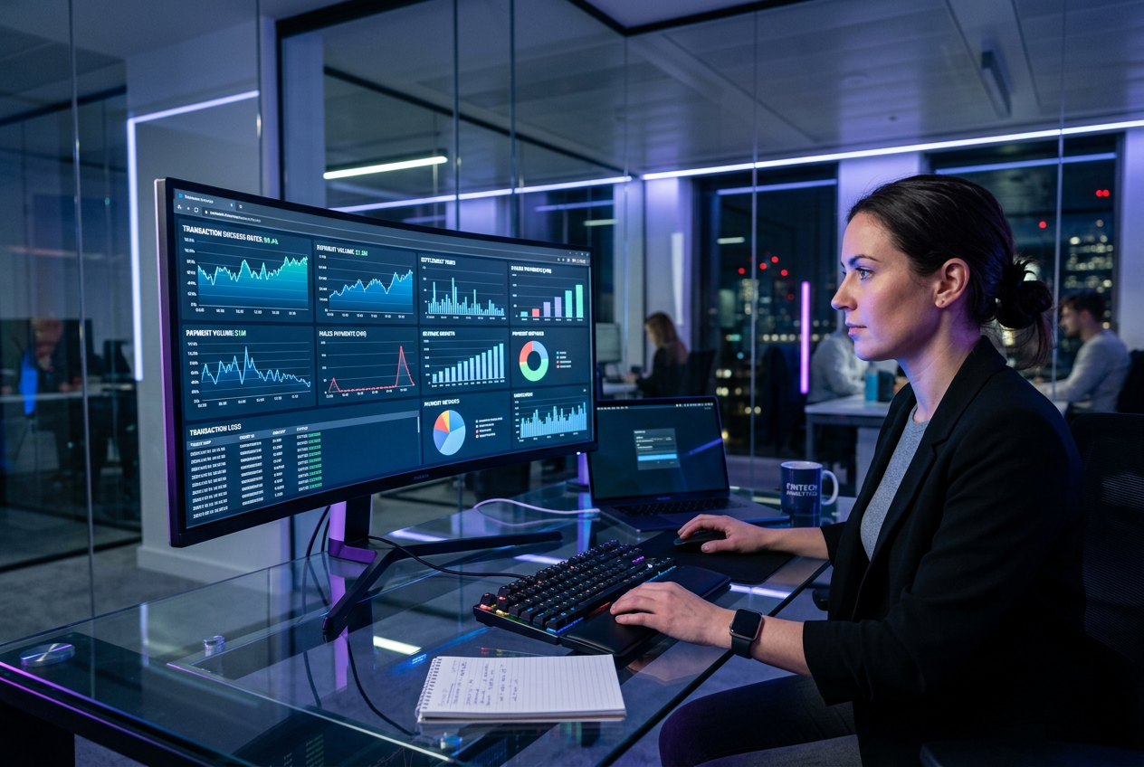 An analyst reviewing financial data and payment success rates on a computer monitor.